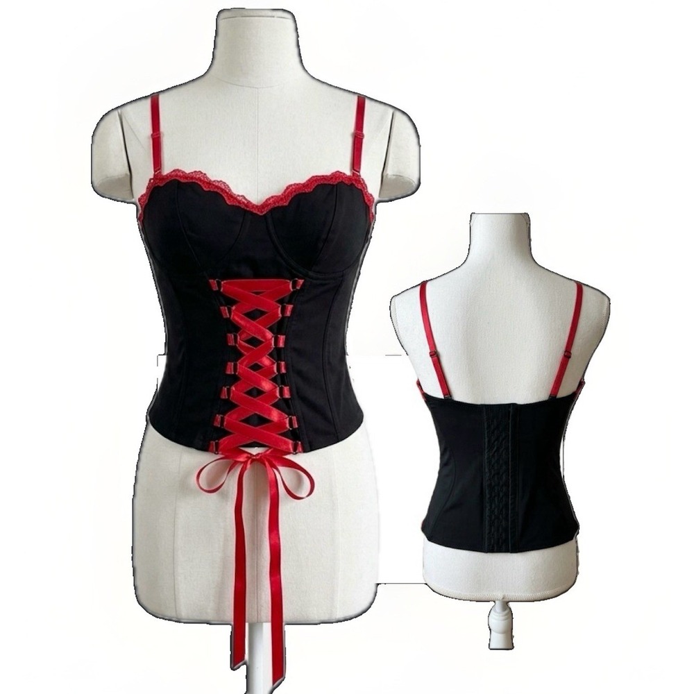 Vintage Morbid Threads Corset Top 34D Y2K Mall Goth Black Red Lace Up Bustier